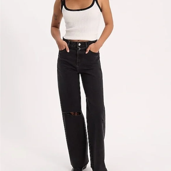 Express Black Wide Leg Distressed Jeans - Picture 4 of 7
